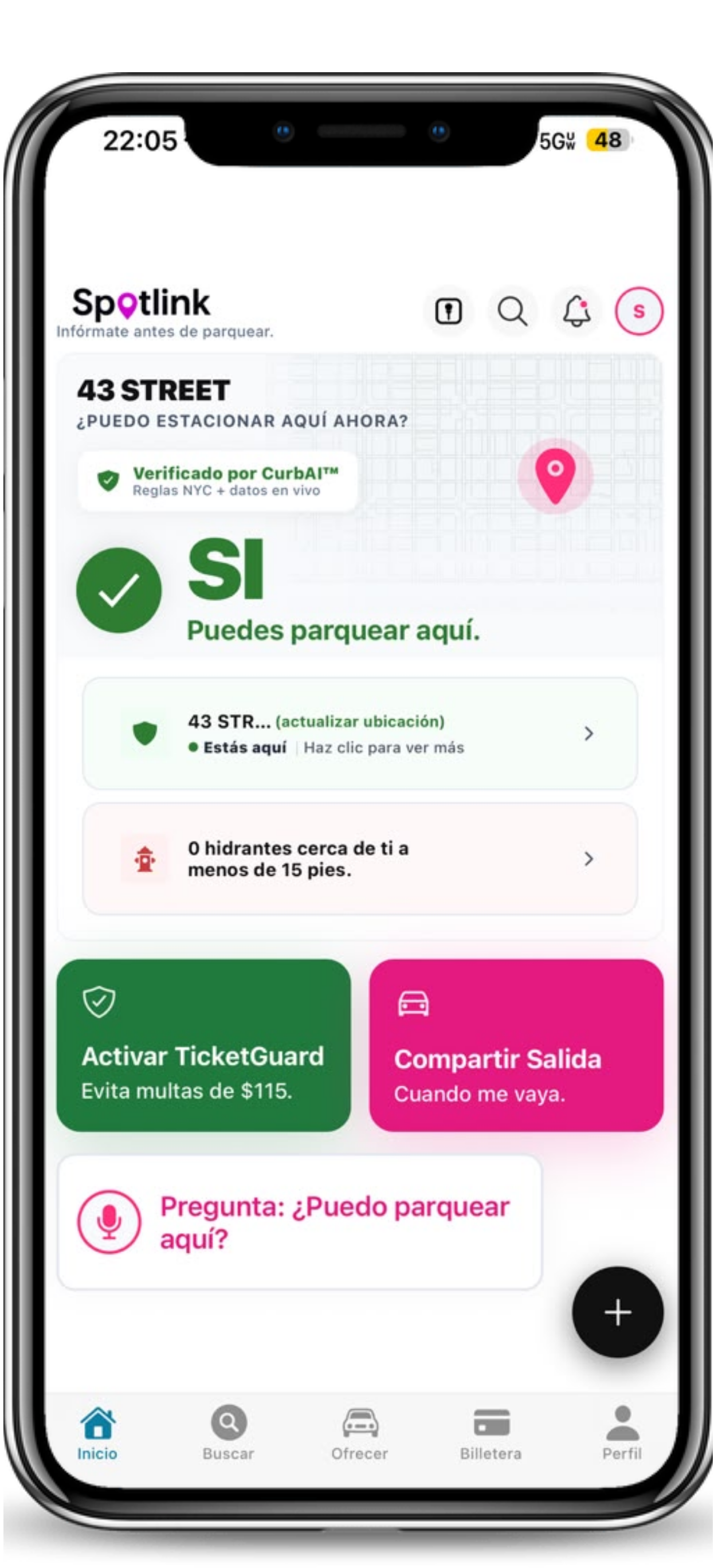 Pantalla principal de Spotlink en español con decisión de estacionamiento y contexto de hidrante